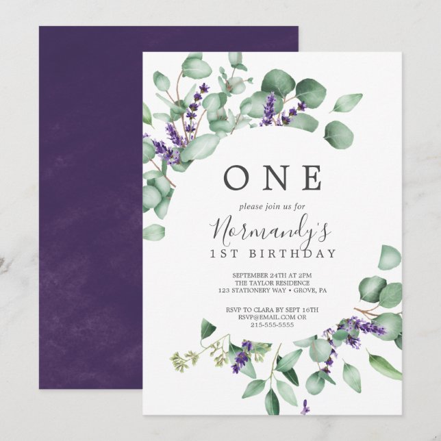 Convite Lavanda russa e Eucalyptus Primeiro Aniversário (Frente/Verso)
