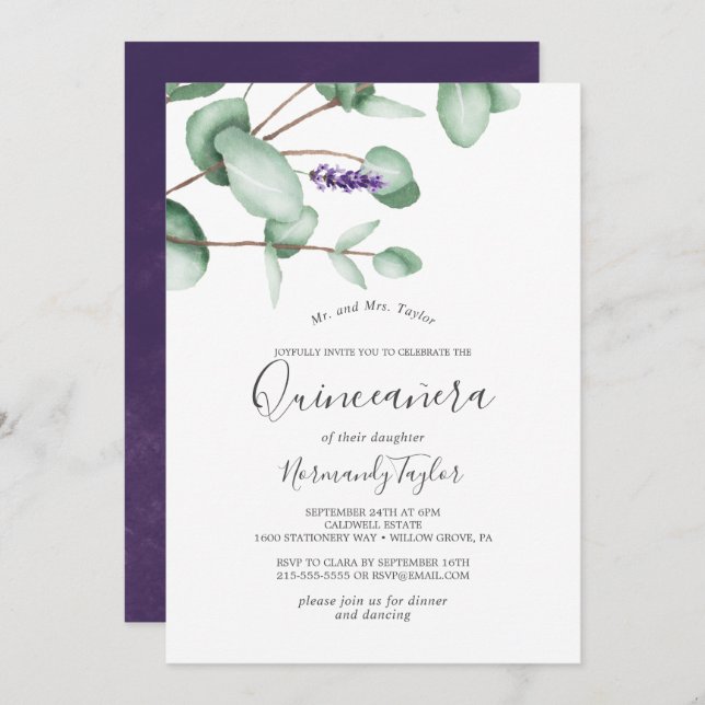 Convite Lavanda russa e Eucalyptus Quinceañera (Frente/Verso)