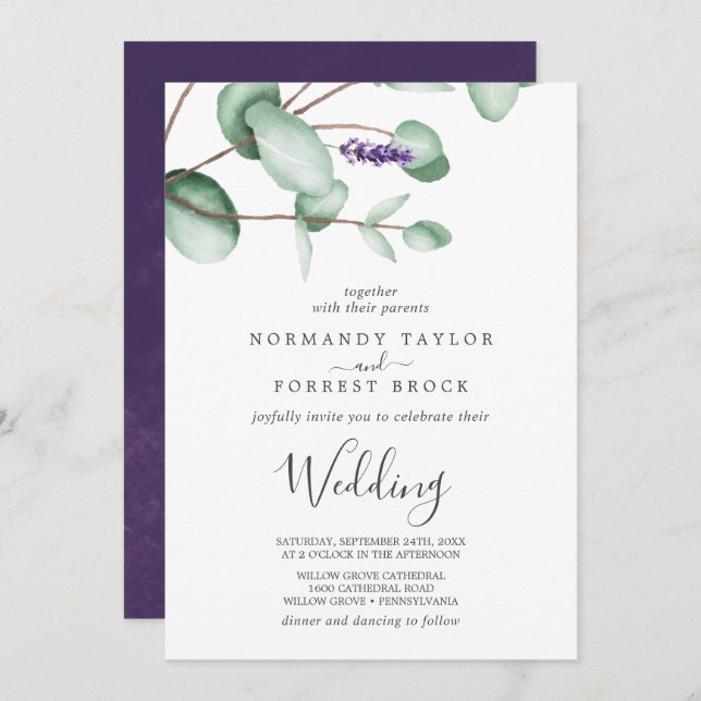 Convite Lavanda rustica e Casamento Eucalyptus (Frente/Verso)