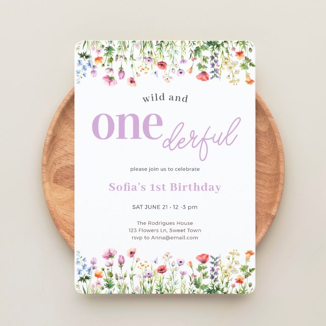 Convite Lavanda Selvagem Onederful Flor Silvestre 1º Anive (The front of the invitation is shown at  5x7 in with round corners. Choose size + corner style.)