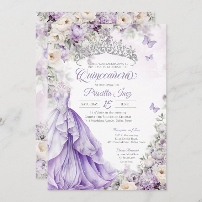 Convite Lavanda Silver Butterfly Princess Quinceañera (Frente/Verso)