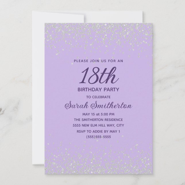 Convite Lavanda Silver Diamond Glitter 18º Aniversário (Frente)