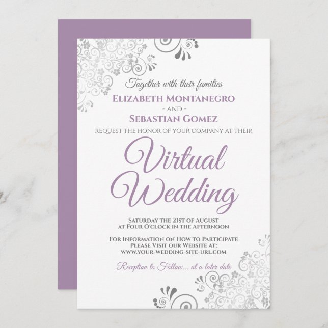 Convite Lavanda Silver Frils e Casamento Virtual Branco (Frente/Verso)