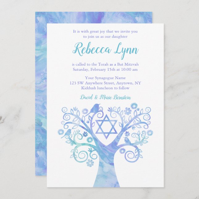 Convite Lavanda Teal Watercolor Tree of Life Bat Mitzvah (Frente/Verso)