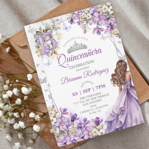 Convite Lavanda Tiara Floral de Prata Quinceañera