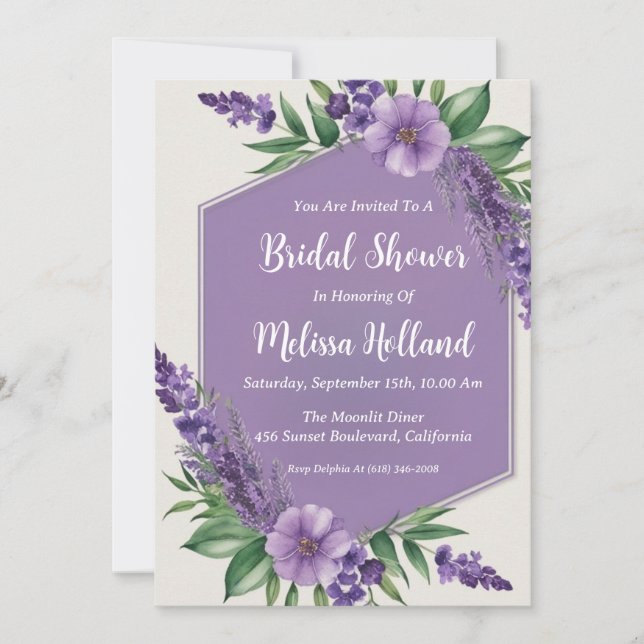 Convite lavanda verde chá de panela floral roxo (Frente)