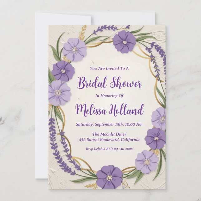 Convite lavanda verde chá de panela floral roxo (Frente)
