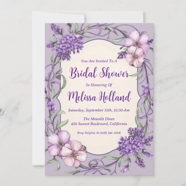 Convite lavanda verde chá de panela floral roxo (Frente)