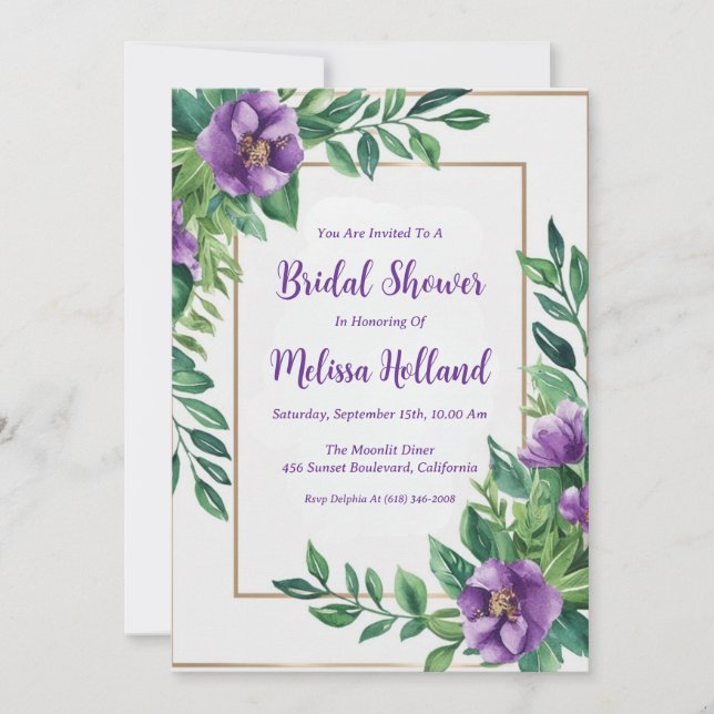 Convite lavanda verde chá de panela floral roxo (Frente)