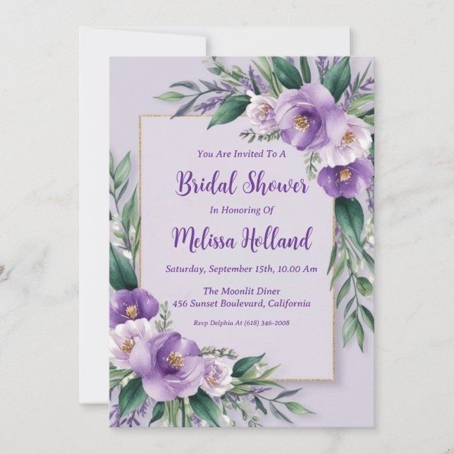 Convite lavanda verde chá de panela floral roxo (Frente)