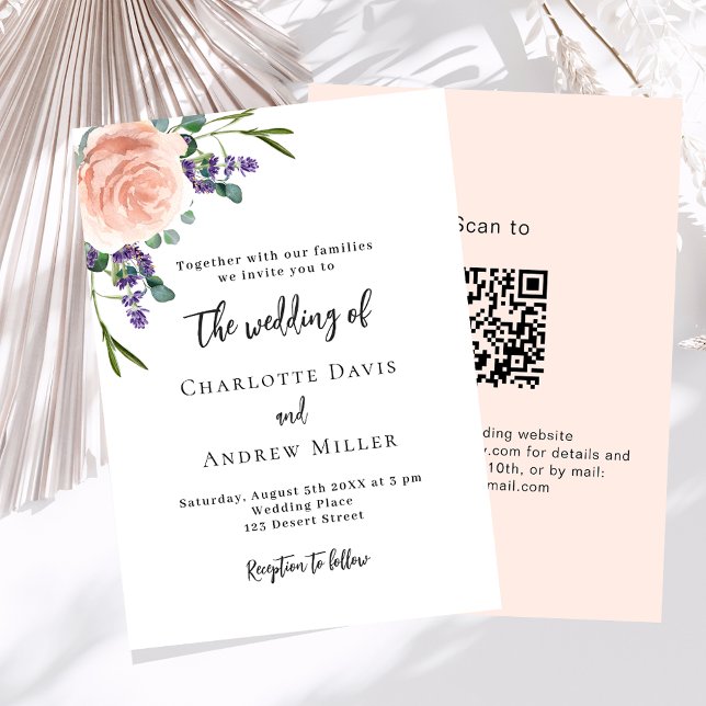 Convite lavanda verde floral rosa código QR casamento RSVP (Criador carregado)