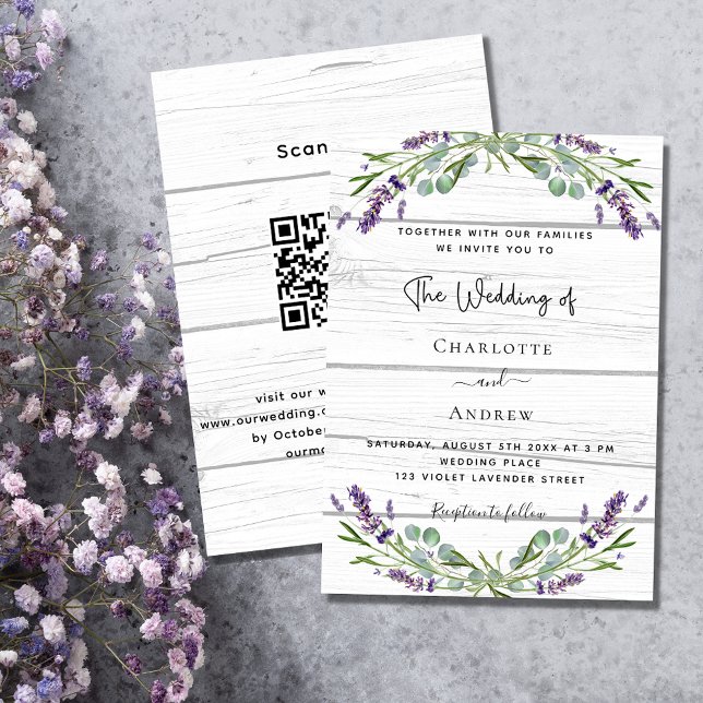 Convite Lavanda verde madeira QR código luxuoso casamento (Criador carregado)