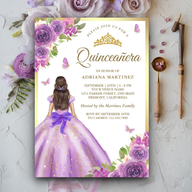 Convite Lavanda Vestido Floral Borboleta Dourada Quinceane (Criador carregado)