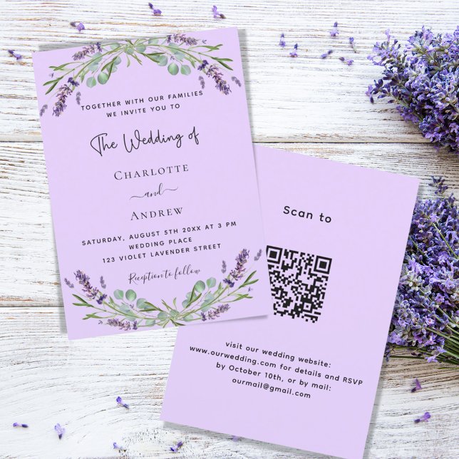 Convite Lavanda violeta floral verde floral casamento QR (Criador carregado)