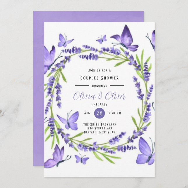 Convite Lavanda Wisteria E Borboletas Casal Chá (Frente/Verso)