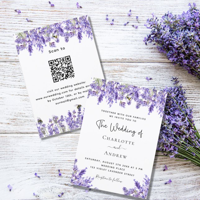 Convite Lavandas florais QR RSVP detalhes do casamento de  (Criador carregado)