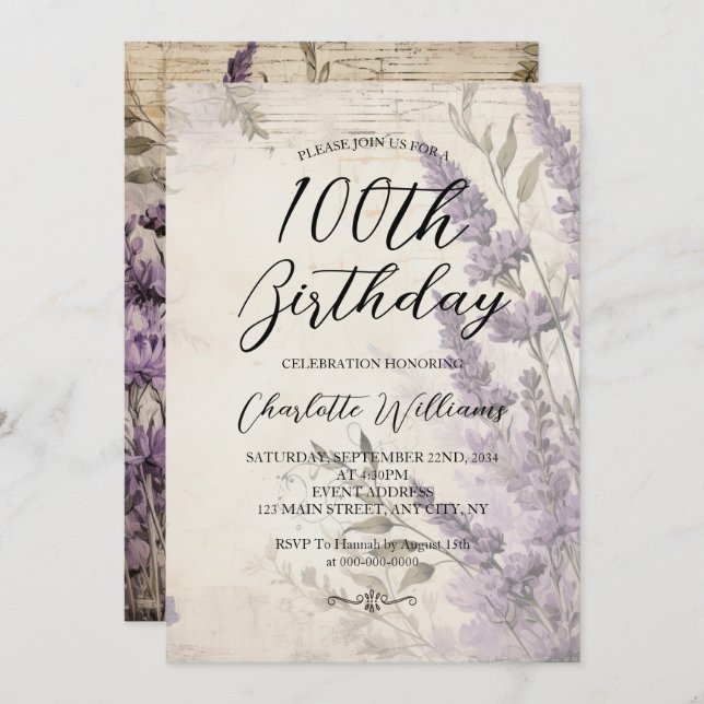 Convite Lavandas Flores Mulheres 100º Aniversário (Frente/Verso)