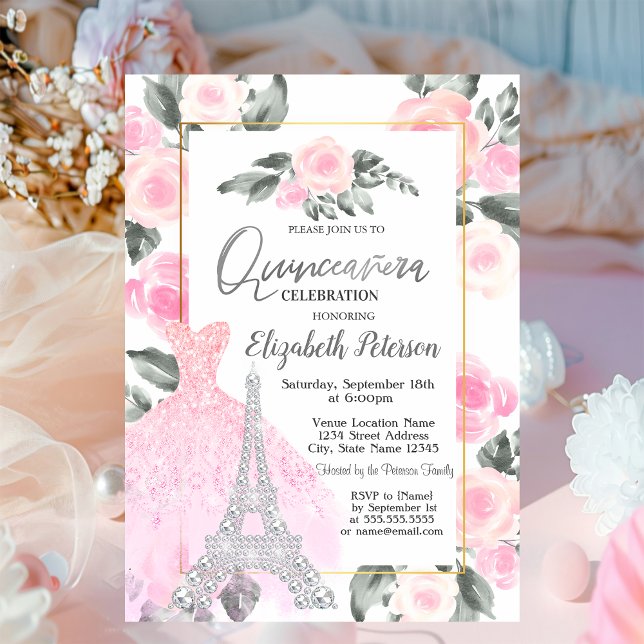 Convite Lavander Dress, Torre Eiffel Quinceañera Floral (Criador carregado)