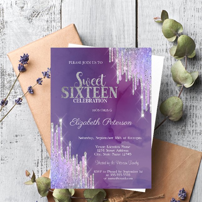 Convite Lavander Moderno Glitter Drips Violet Sweet 16 (Criador carregado)