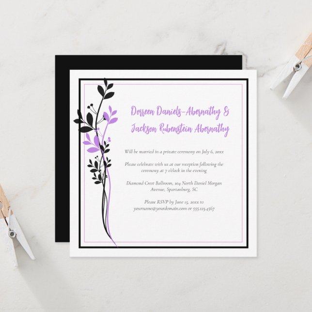 Convite Lavender and Black Floral Reception Only | (Frente/Verso In Situ)