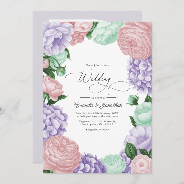 Convite Lavender, Blush & Mint Floral Wedding (Frente/Verso)
