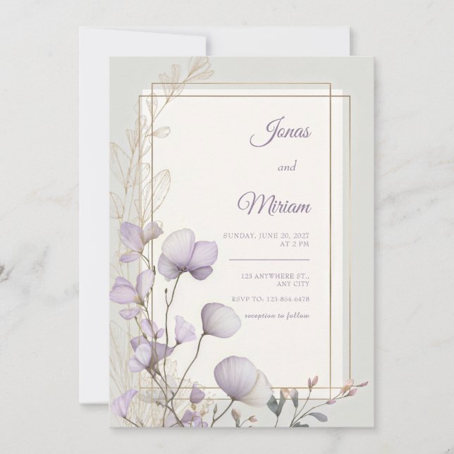 Convite Lavender Botanical Double Gold Frame Wedding (Frente)