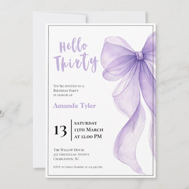 Convite Lavender Bow 30th Birthday Invitation (Frente)