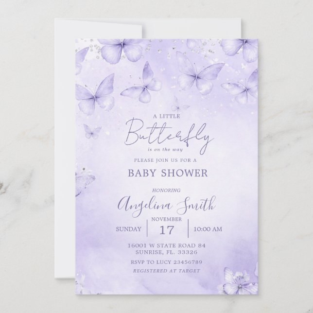 Convite Lavender Butterfly Baby Shower Invitation Girl (Frente)