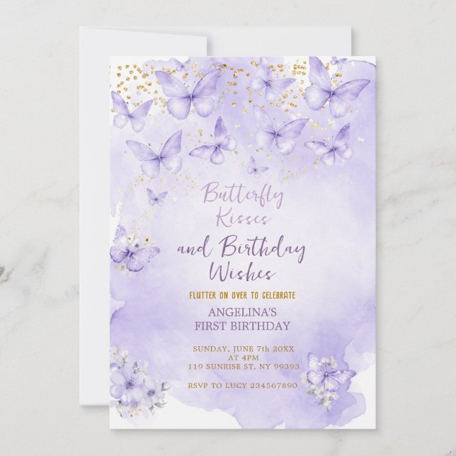 Convite Lavender Butterfly First Birthday Invitation (Frente)