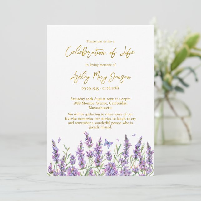 Convite Lavender Celebration of Life Funeral Invitation (Em pé/Frente)