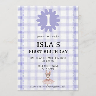 Convite Lavender Check Bunny Ballerina Birthday Invitation