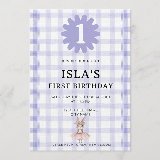 Convite Lavender Check Bunny Ballerina Birthday Invitation (Frente)