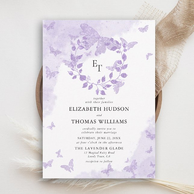 Convite Lavender Dream Butterfly Eucalyptus Crest Wedding (butterfly wedding invitation lavender purple eucalyptus crest elegant modern romantic)