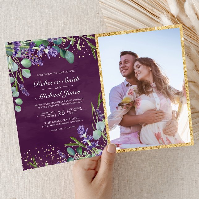Convite Lavender Eucalyptus Purple Photo QR Code Wedding (Criador carregado)