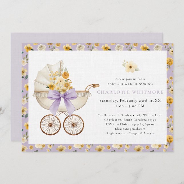 Convite Lavender Floral Carriage Baby Shower Invite (Frente/Verso)