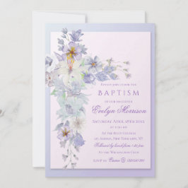 Convite Lavender Floral Cross Baptism Invitation
