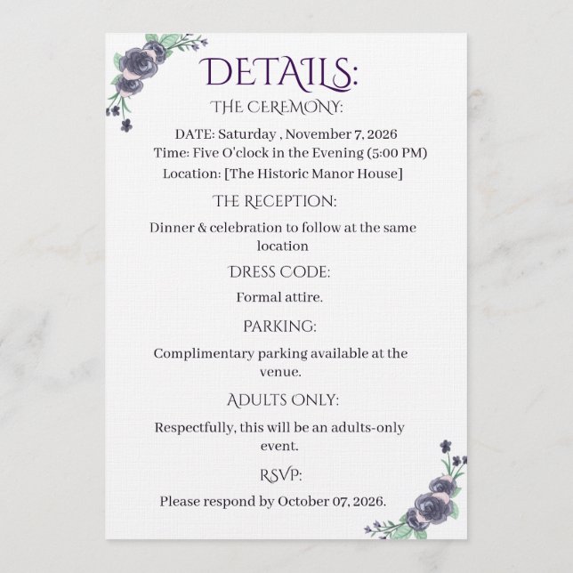 Convite Lavender Floral Details Card (Verso)