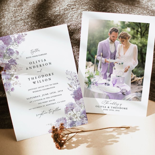 Convite Lavender Floral Photo Back Elegant Wedding (Lavender floral photo back wedding invitation with hydrangea watercolor, romantic couple portrait)