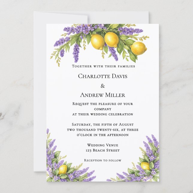 Convite Lavender florals lemons wedding  (Frente)