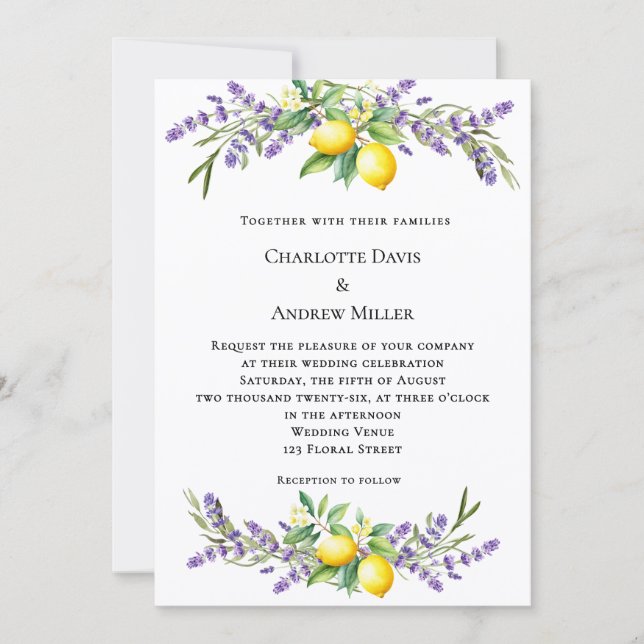 Convite Lavender florals lemons wedding  (Frente)