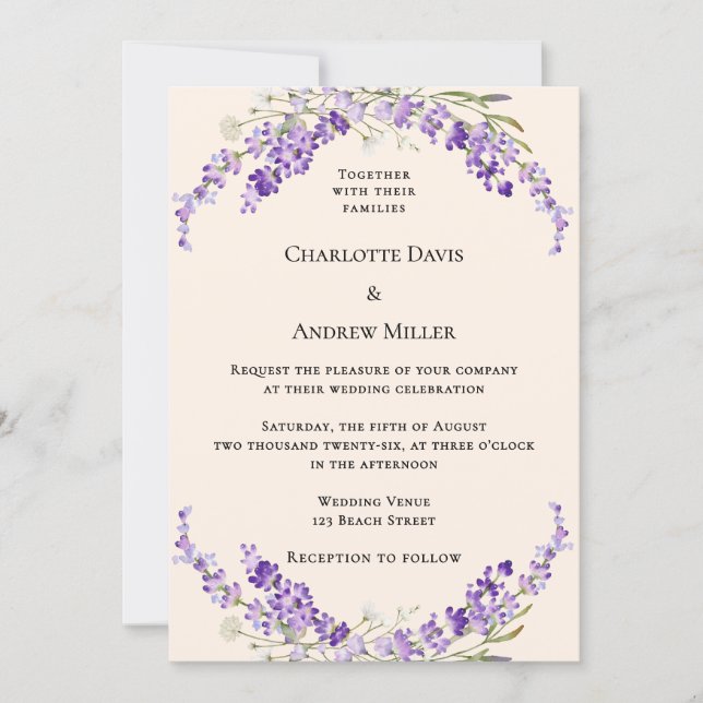 Convite Lavender flowers champage cream wedding (Frente)