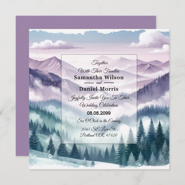 Convite Lavender Frost in the Alpine Mist Wedding (Frente/Verso)
