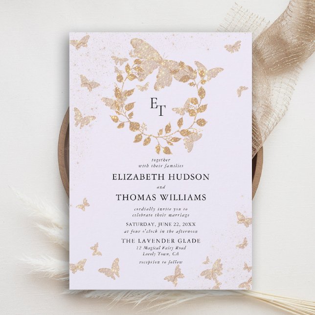 Convite Lavender Gold Butterflies Eucalyptus Crest Wedding (butterfly wedding invitation lavender gold purple eucalyptus crest elegant modern romantic)