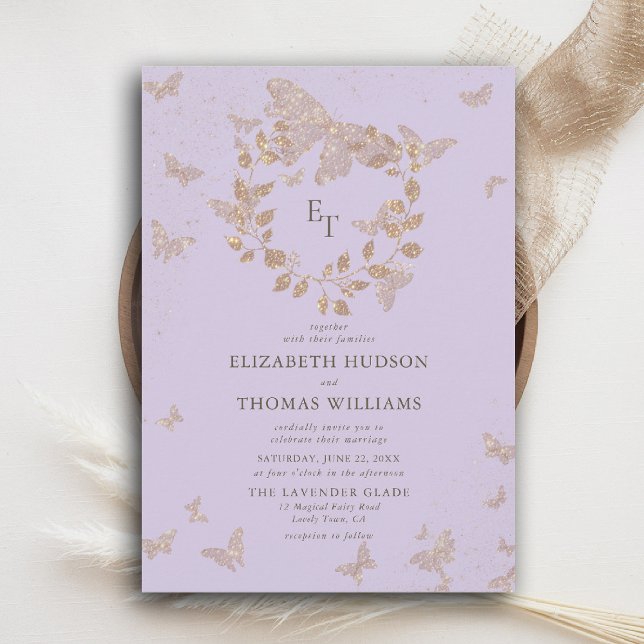 Convite Lavender Gold Butterflies Monograms Wreath Wedding (butterfly wedding invitation lavender gold purple eucalyptus crest elegant modern classic romantic)
