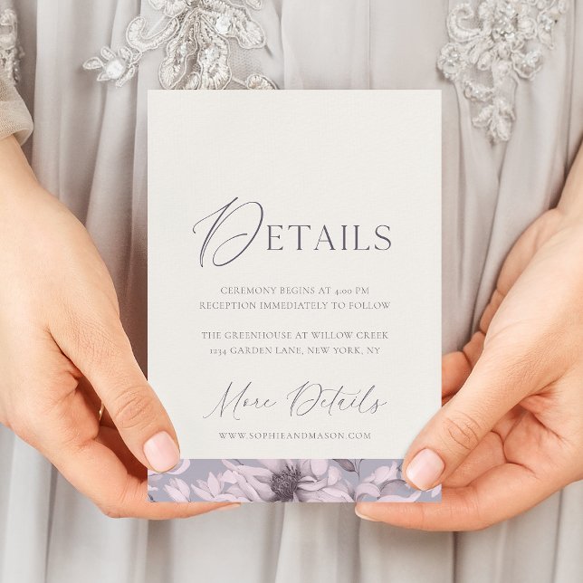 Convite Lavender Grey Floral Wedding Details Card (Criador carregado)