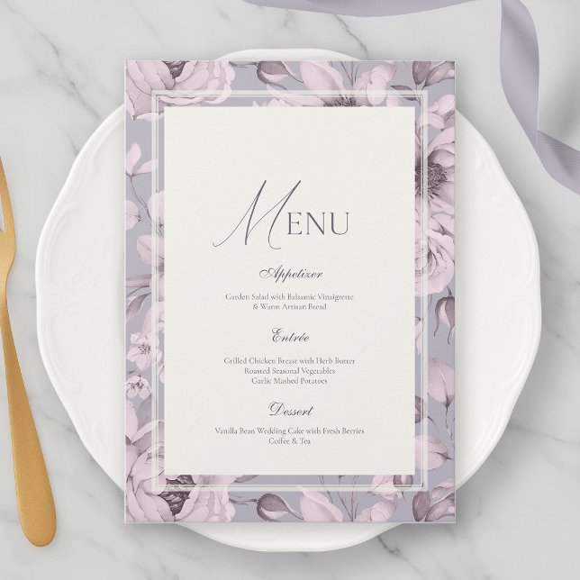 Convite Lavender Grey Floral Wedding Menu (Criador carregado)