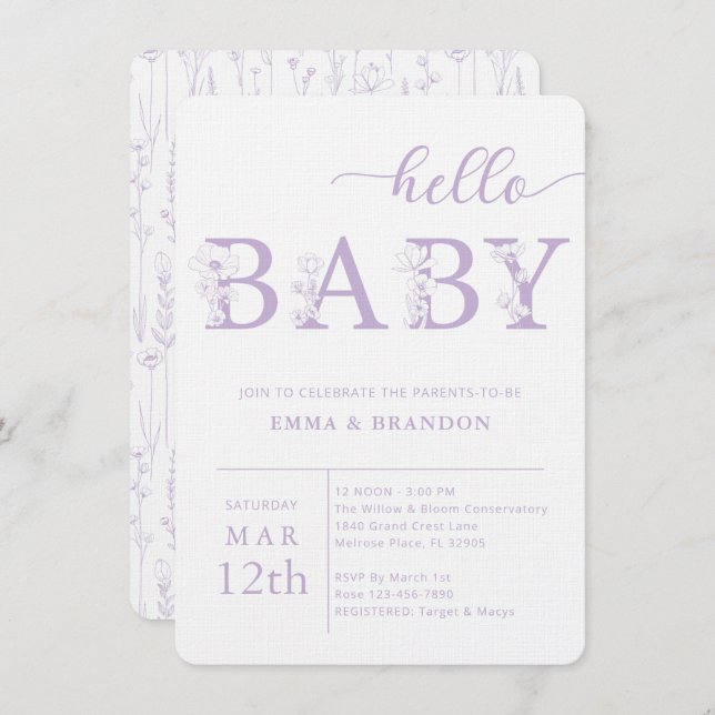 Convite Lavender Hello Baby Wildflower Invitation (Frente/Verso)