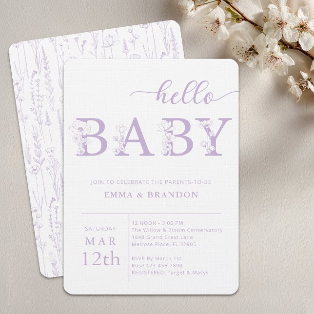 Convite Lavender Hello Baby Wildflower Invitation (Lavender Baby Shower Invite)