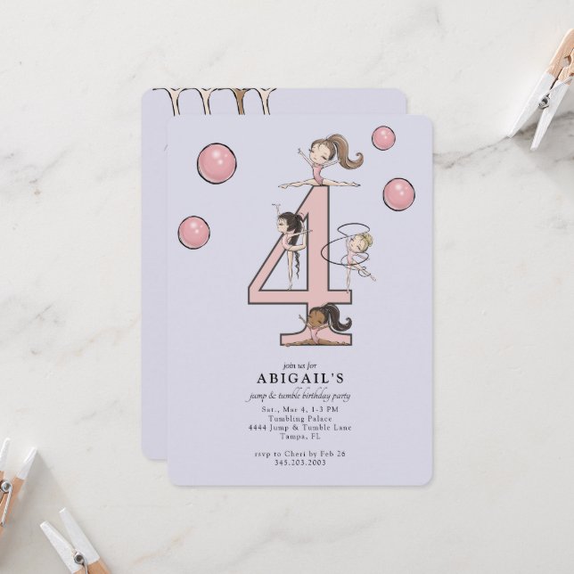 Convite Lavender Jump & Tumble Gymnastics 4th Birthday (Frente/Verso In Situ)
