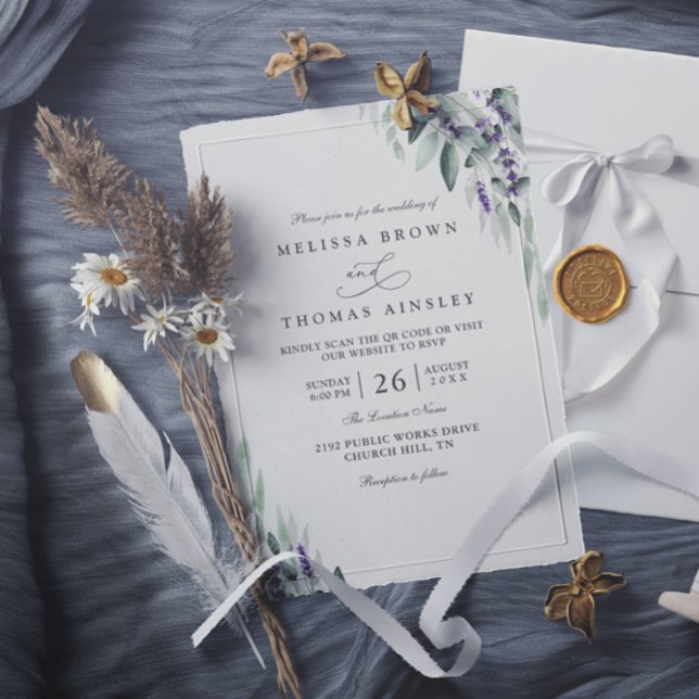 Convite Lavender Leaves Rustic Elegant QR Code Wedding (Criador carregado)